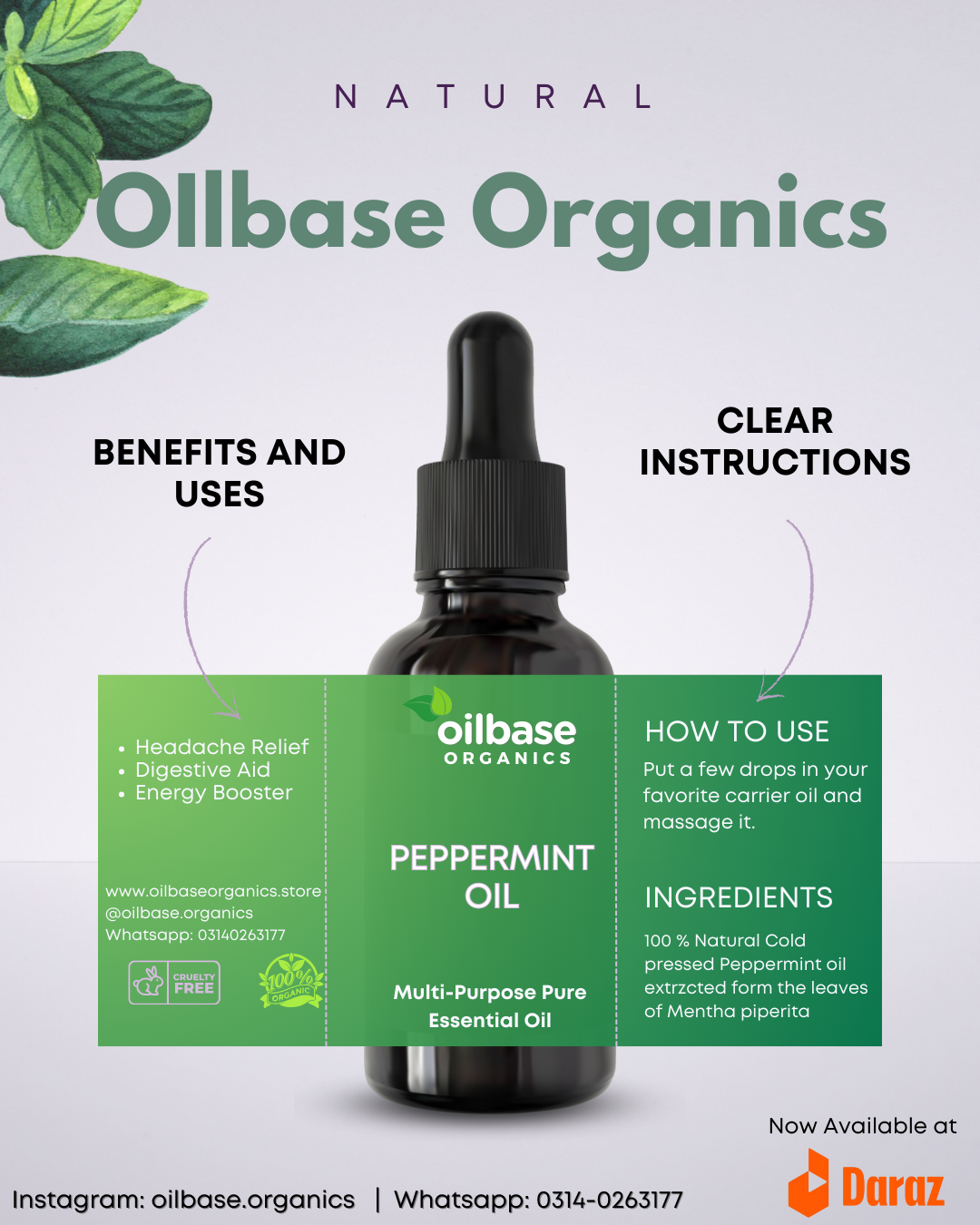 Oilbase Organics Pure Peppermint Essential Oil | 30ml and 50 ml
