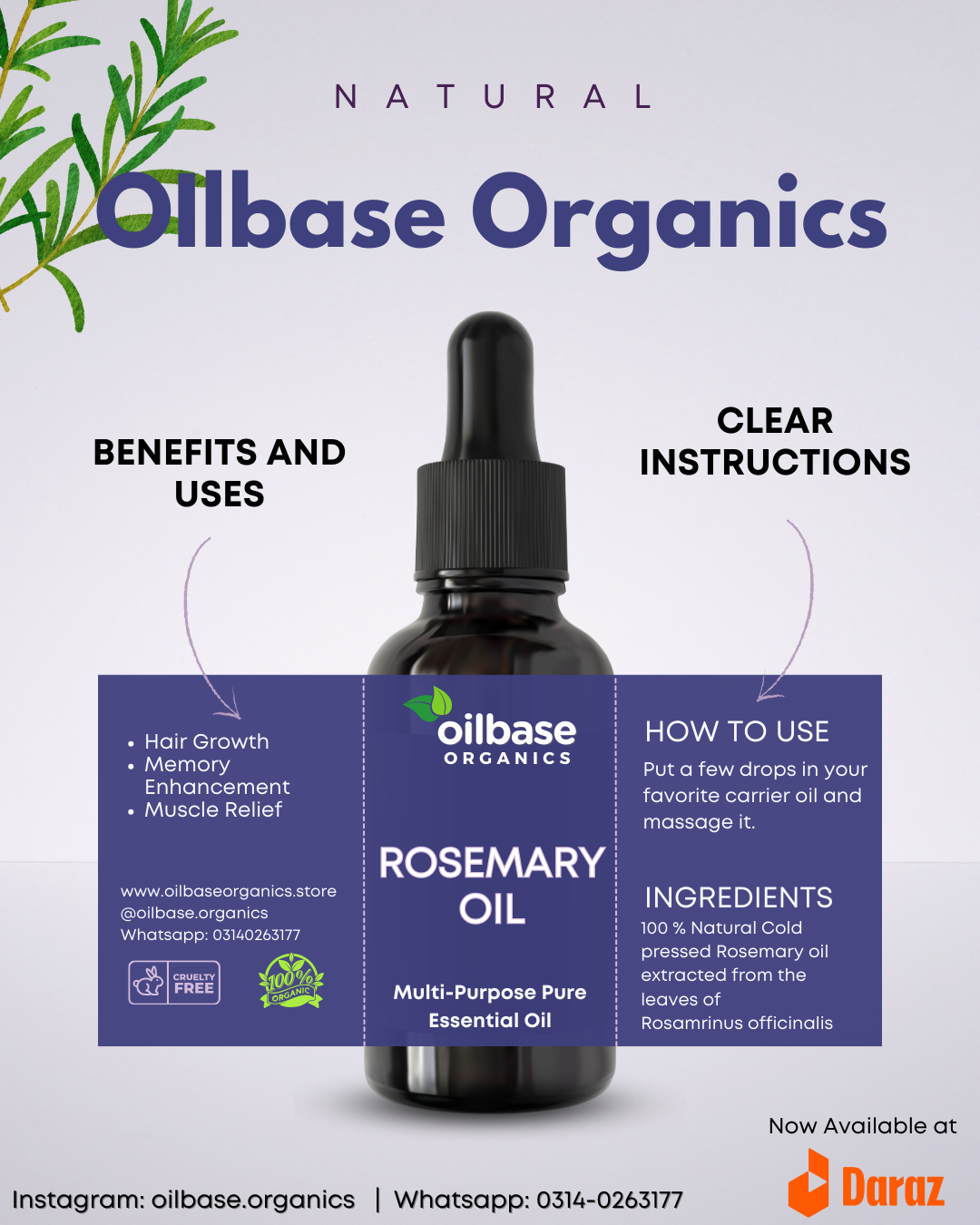 Oilbase Organics Pure Rosemary Essential Oil - Imported from Spain